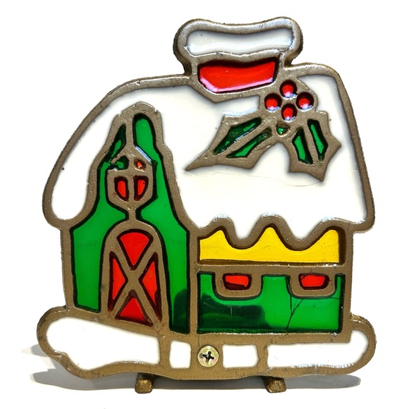 Vintage Holiday Christmas Stained Glass Tea Light Candle Holder House Cottage - Picture 1 of 11